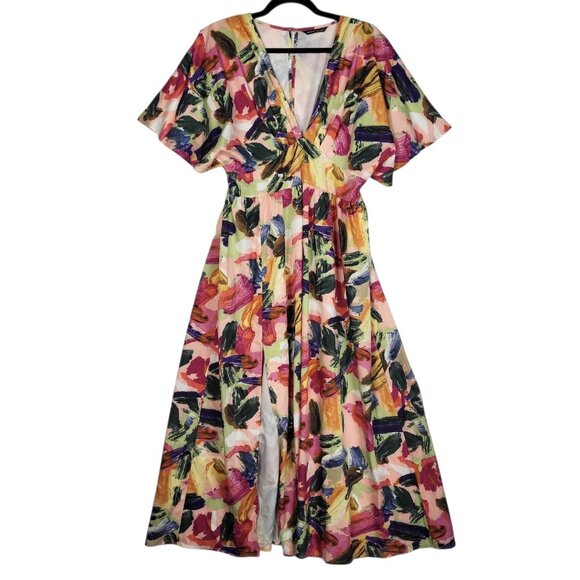 Shein Floral Maxi Dress Women's Large Multicolor Flutter Sleeve High Slit - Picture 2 of 9